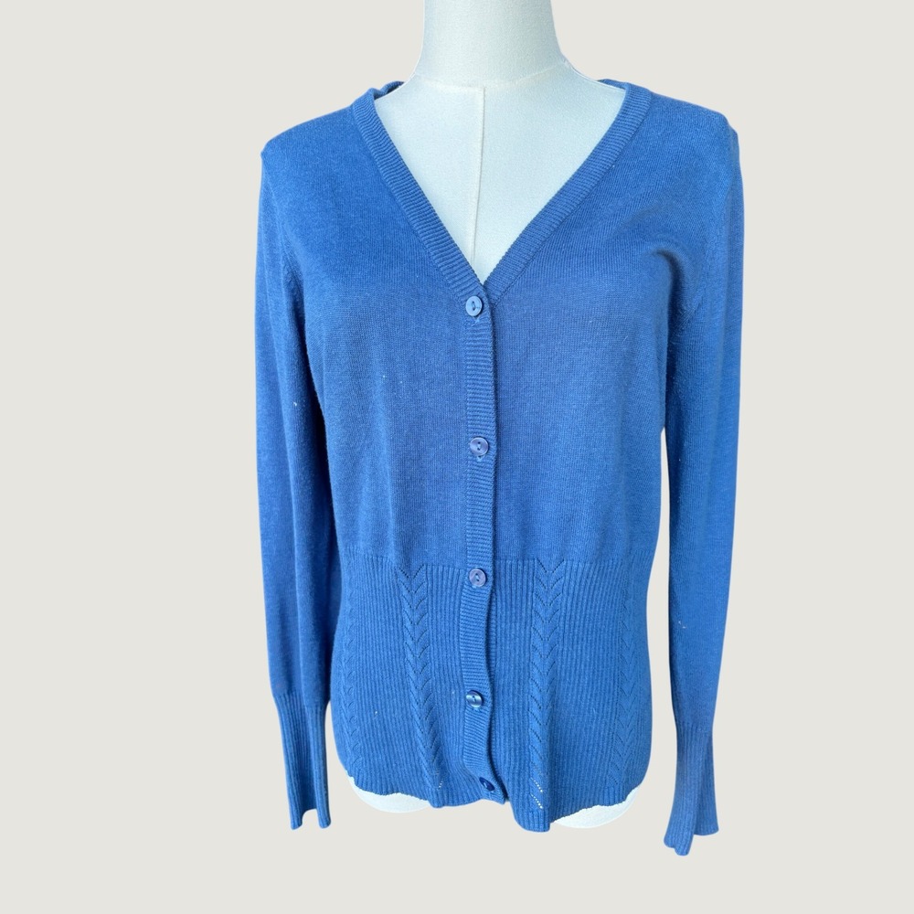 Joseph A Women M Blue V-Neck Button Front Ribbed Waist Pointelle Cardigan - Picture 1 of 11